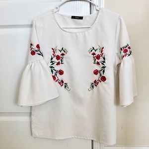 White Embroidered Flower Blouse